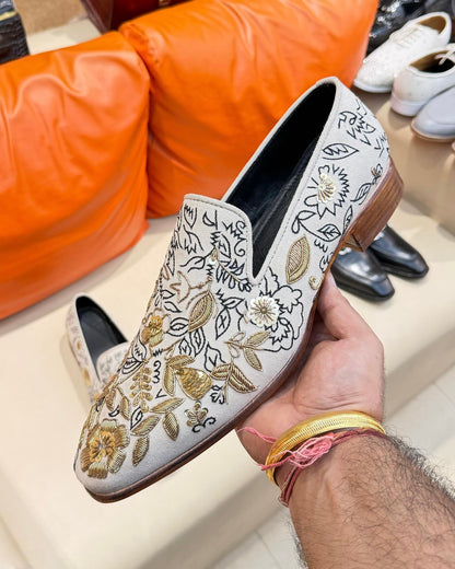 White Suede Hand-embroidered Loafers With Brown Sole