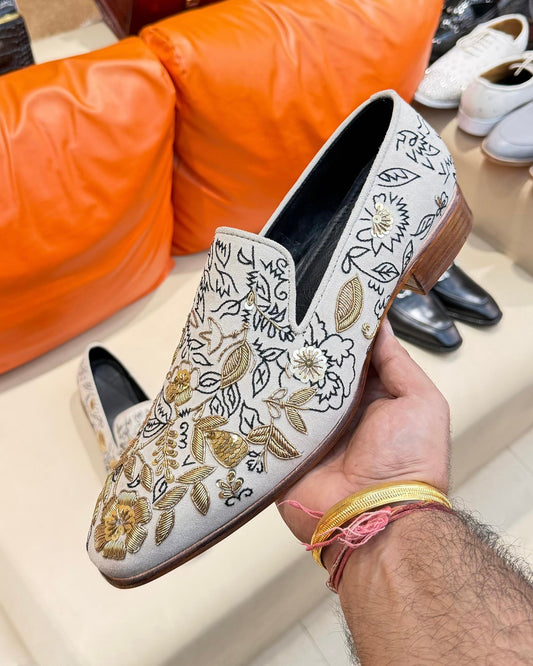 White Suede Hand-embroidered Loafers With Brown Sole