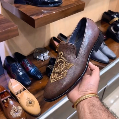 Brown Natural Grain Leather Embroidery Moccasins
