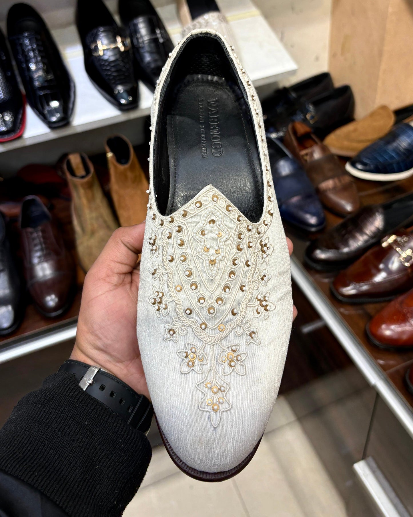 White Silk Hand-embroidered Mojaris with Brown Sole