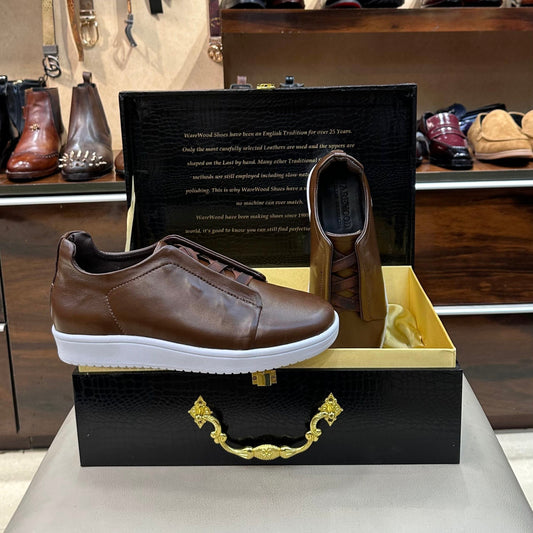 Custom Brown Calfskin Leather Sneakers