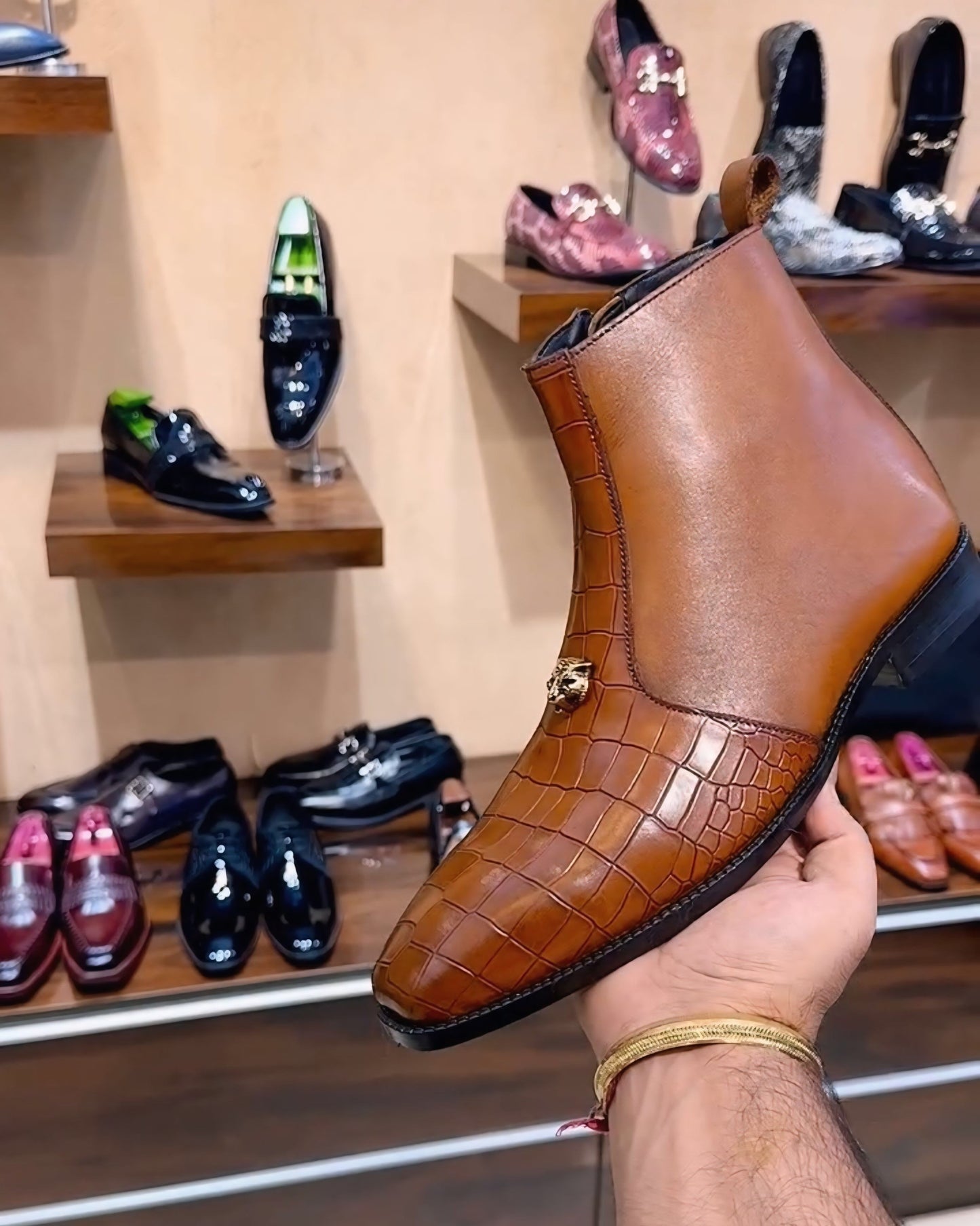 Sun Tan Patina Croco Zip Boots