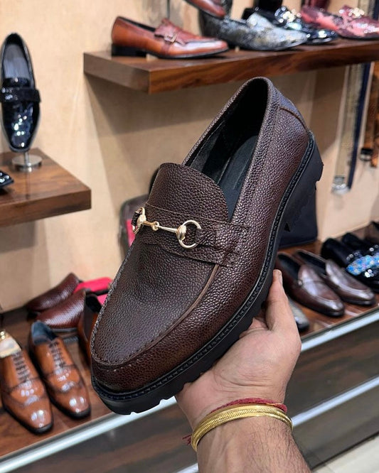 Dark Brown Full Grain Leather Horsebit Loafers With Lug Sole