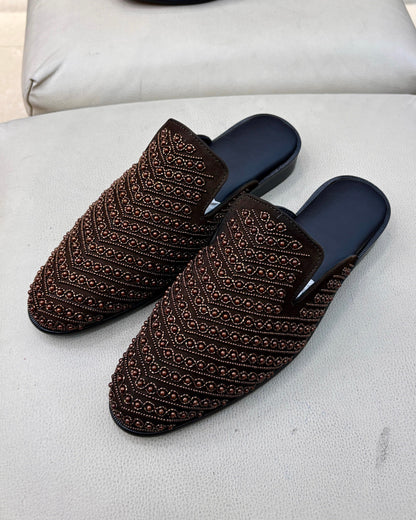 Brown Suede Hand-embroidered Mules with Leather Footbed