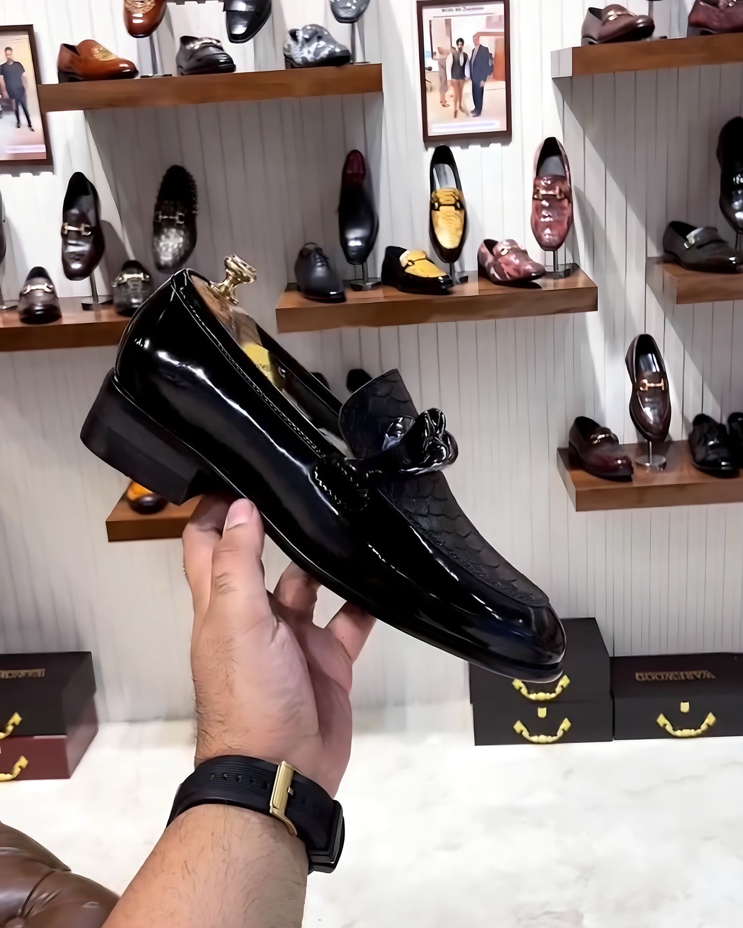 Black Patent Cobra Scaled Loafers with Chain Buckle