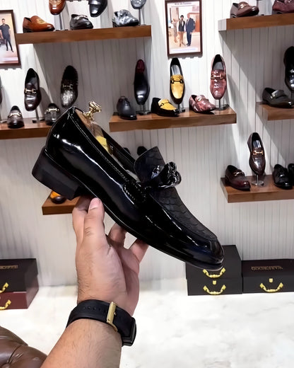 Black Patent Cobra Scaled Loafers with Chain Buckle