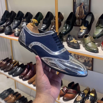 Silver Patent Semi-brogue Wingtip Spectator Oxfords with Rubber Sole