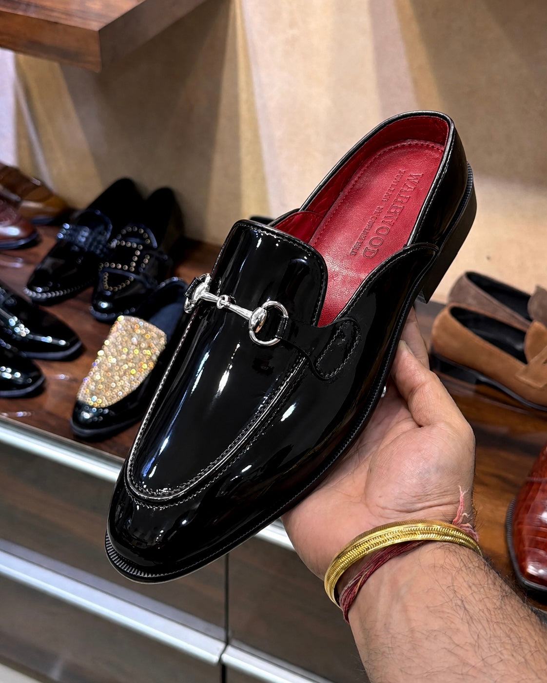 Black Patent Leather Mules With Silver Horsebit And Red Interior