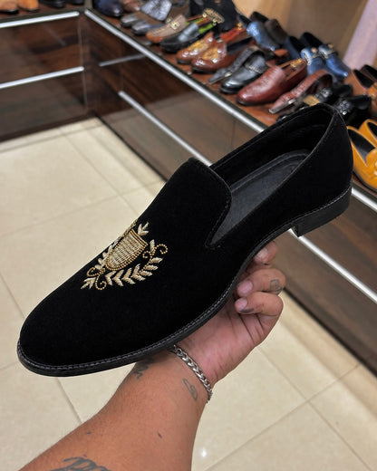 Black Velvet Gold Hand-embroidered Loafers