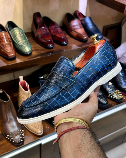 Midnight Blue Crocodile Scaled Yacht Loafers