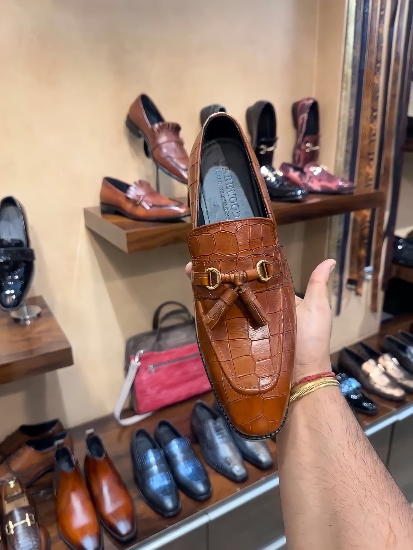 Tan Patina Crocodile Scaled Tassel Loafers