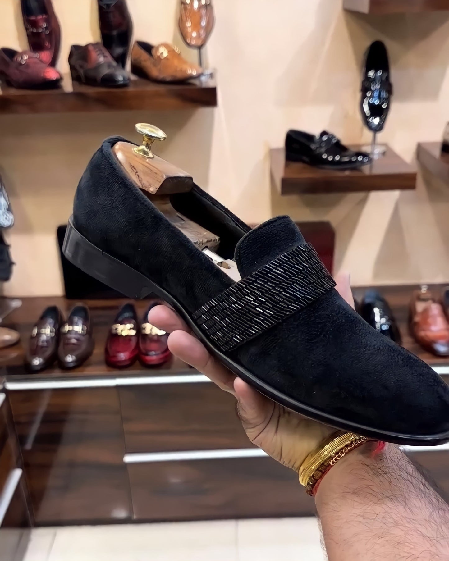 Black Suede Embroidery Strap Moccasins