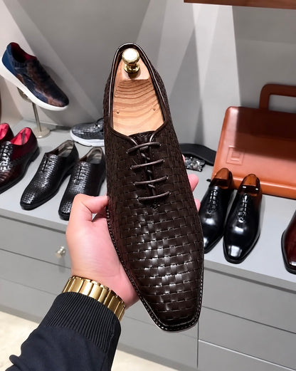 Brown Hand-Woven Leather Oxfords With Gold Heel