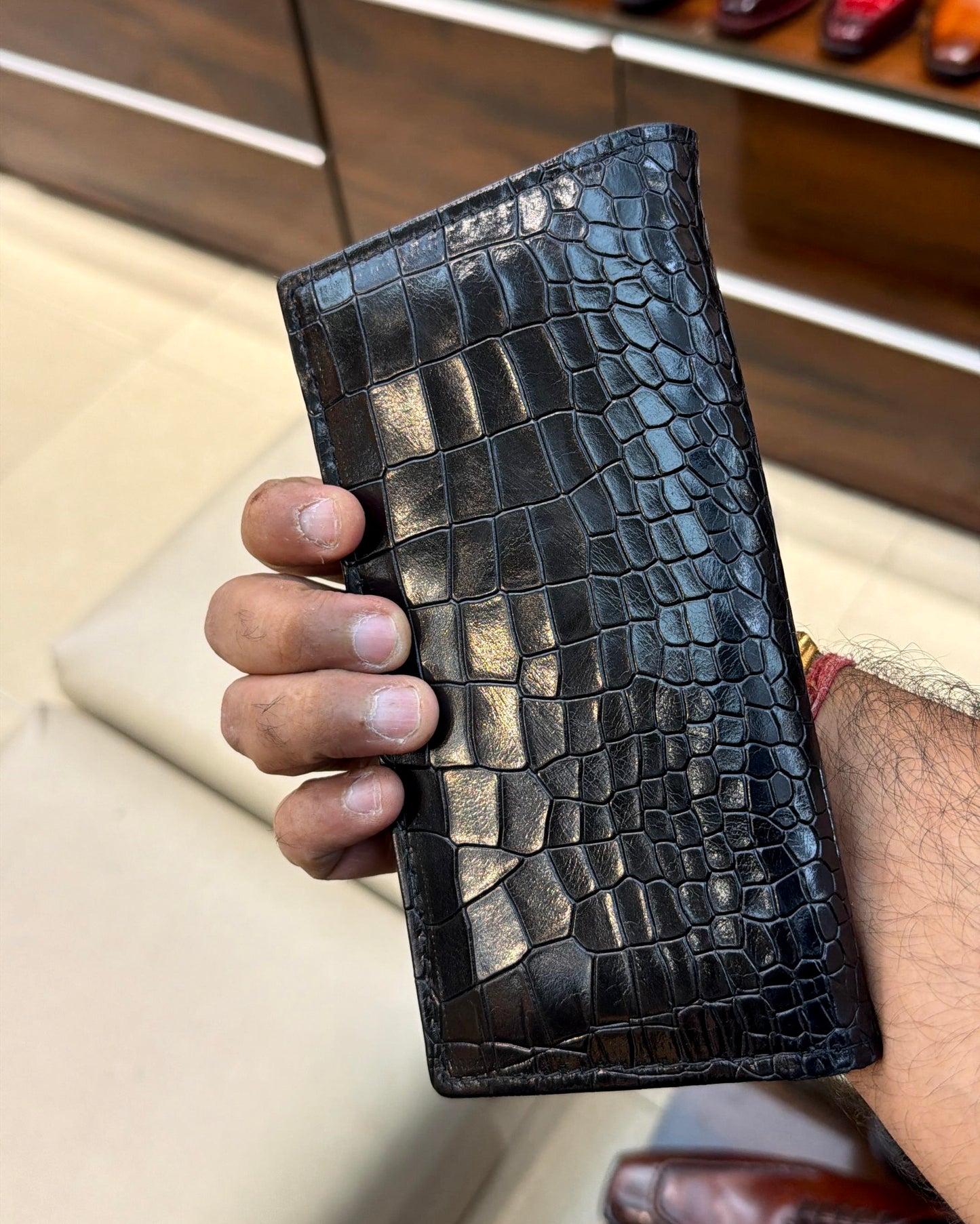Black Crocodile Scaled Long Wallet