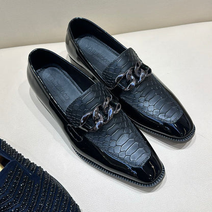 Black Patent Cobra Scaled Moccasins with Gunmetal Chain Buckle