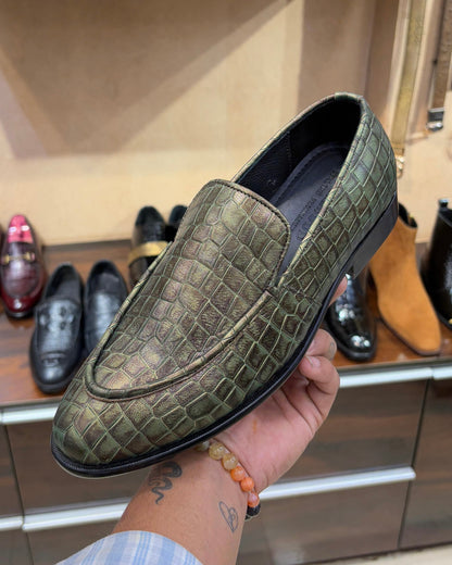 Light Olive Green Crocodile Leather Slip-ons