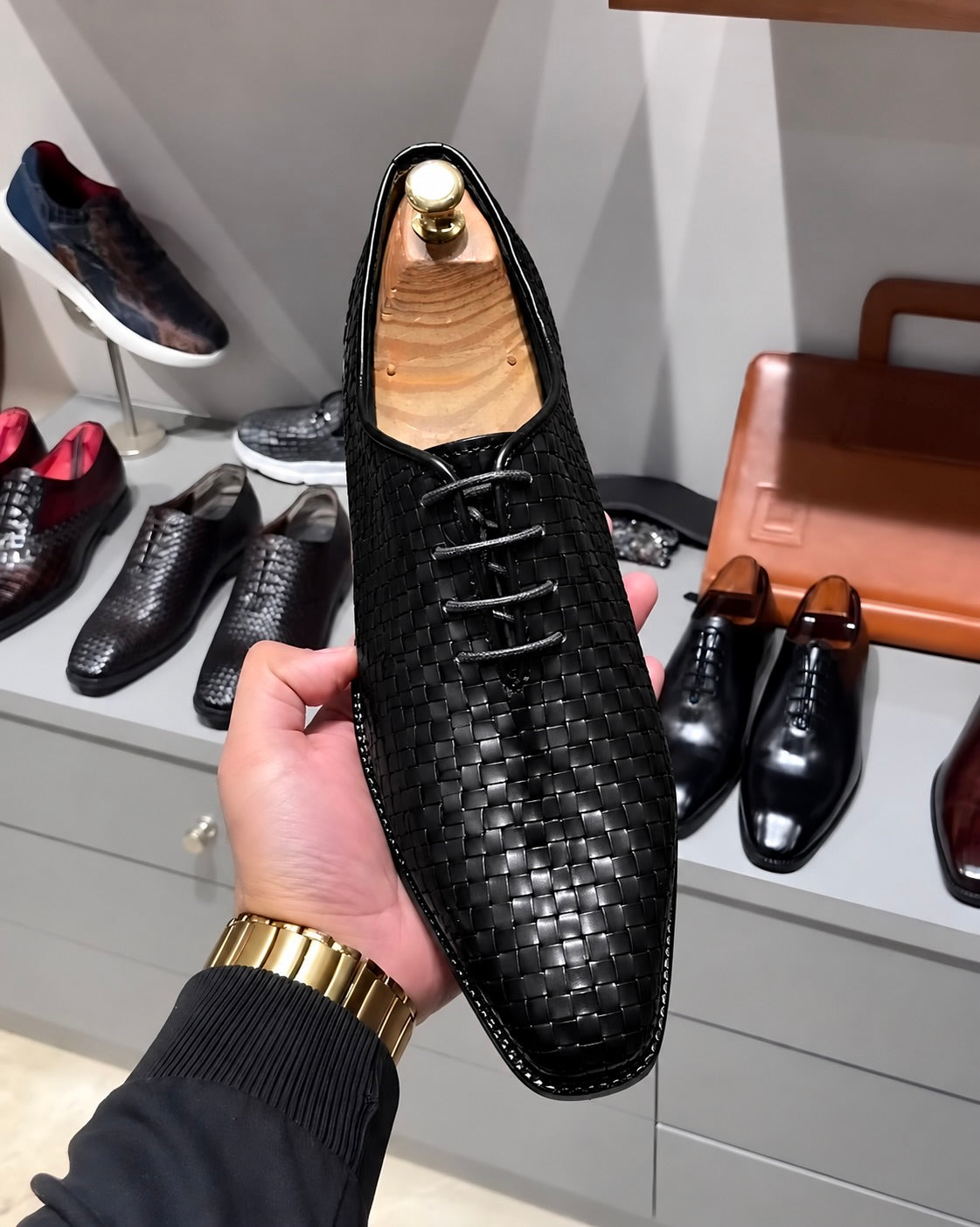 Black Hand-Woven Leather Wholecut Oxfords