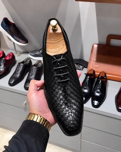 Black Hand-Woven Leather Wholecut Oxfords