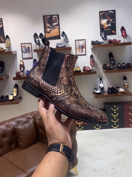 Exotic Gold Snake Chelsea Boots