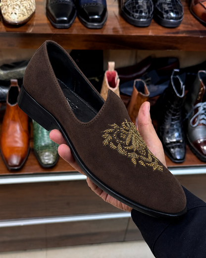 Dark Brown Suede Gold Hand-embroidered Mojaris