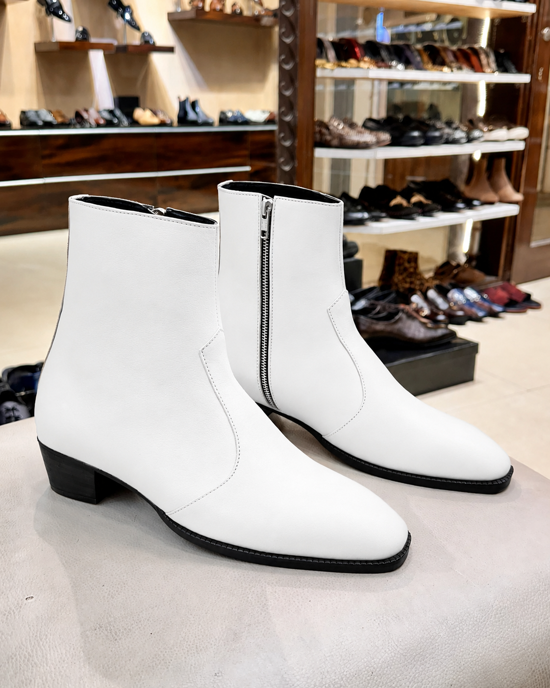 White Cuban Heel Boots With Zip