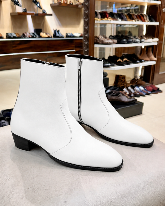 White Cuban Heel Boots With Zip