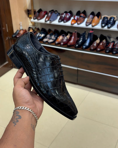 Black Crocodile Scaled Whole-cut Oxfords