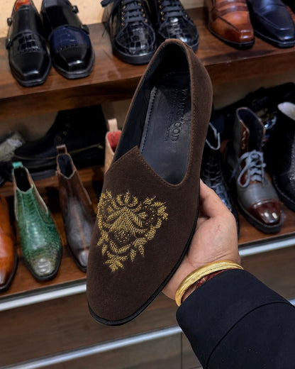 Dark Brown Suede Gold Hand-embroidered Mojaris
