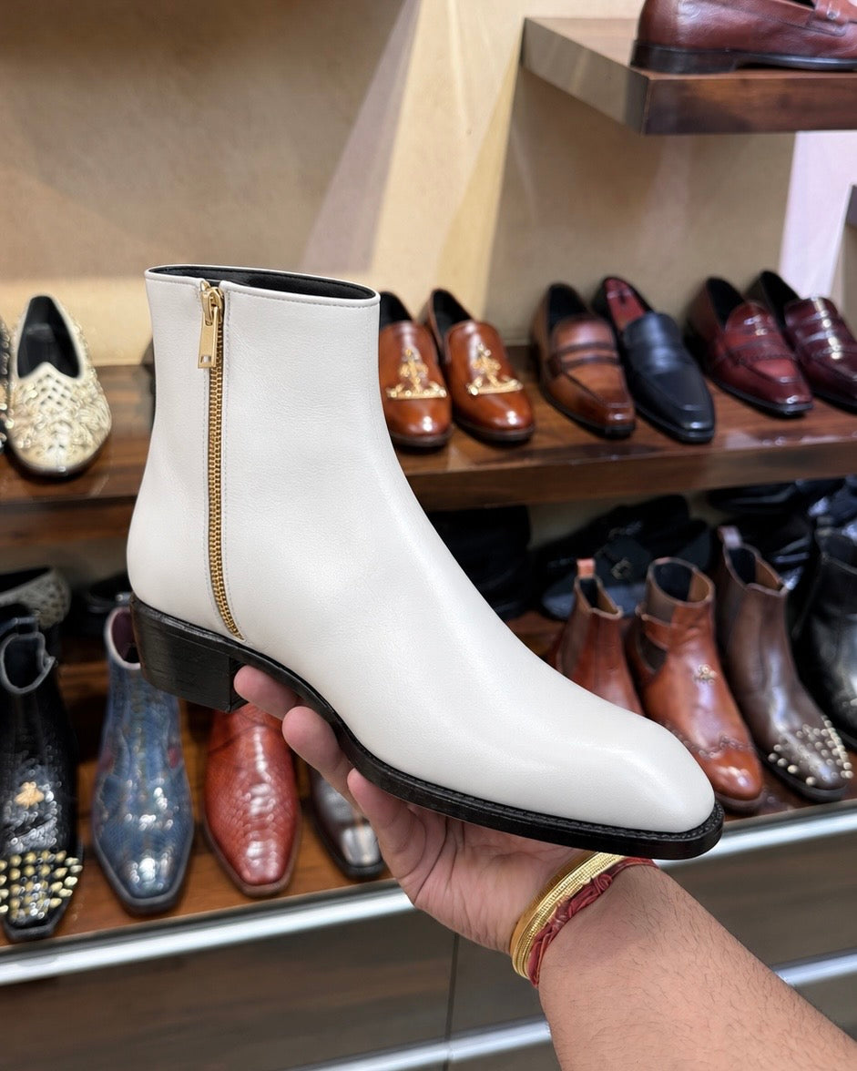 White Calfskin Leather Cuban Heel Boots With Zip
