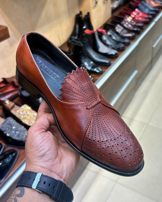 Cognac Tan Patina Zig-zag Cut Loafers