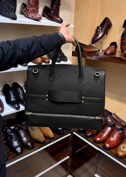 Black Full Grain Leather Travel Bag with Bottom Shoe Compartment