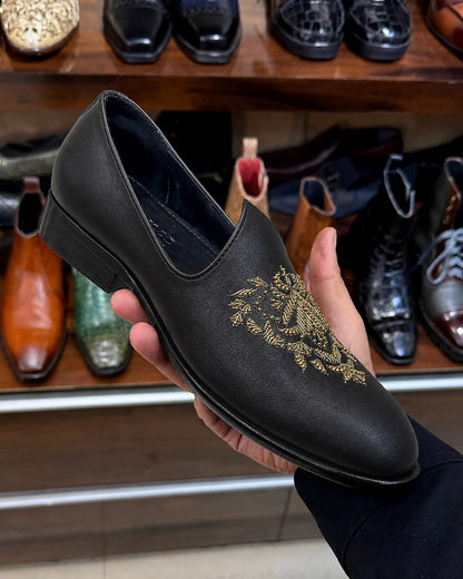 Black Calfskin Leather Gold Hand-embroidered Mojaris
