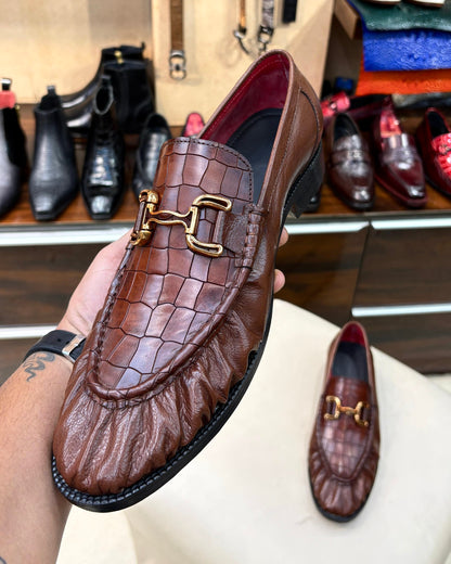 Brown Full Grain And Croco Leather Horsebit Loafers