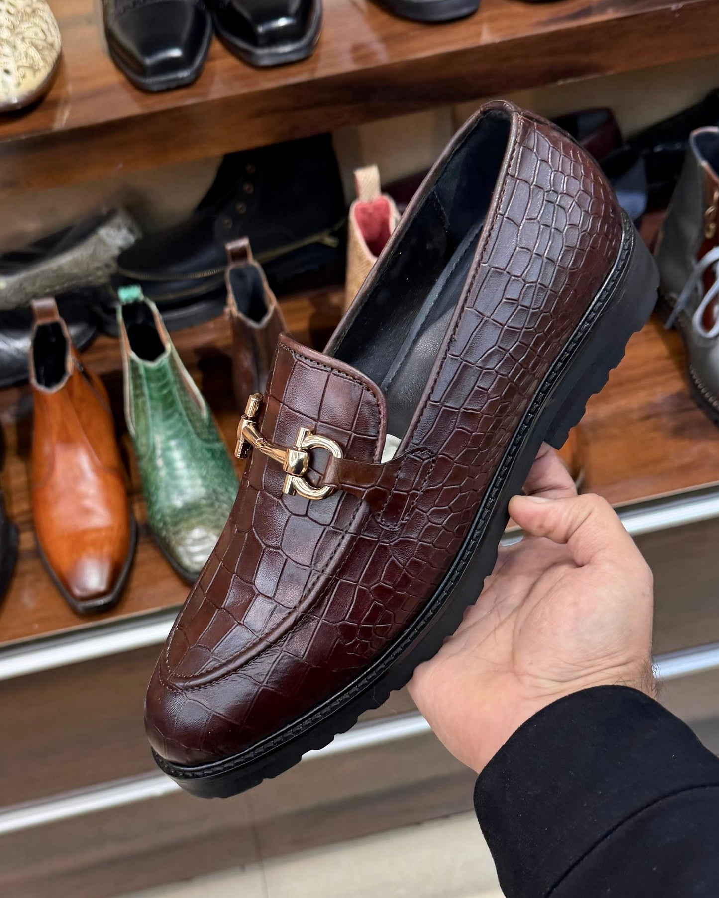 Brown Deep-cut Crocodile Scaled Horsebit Loafers with Lug Sole