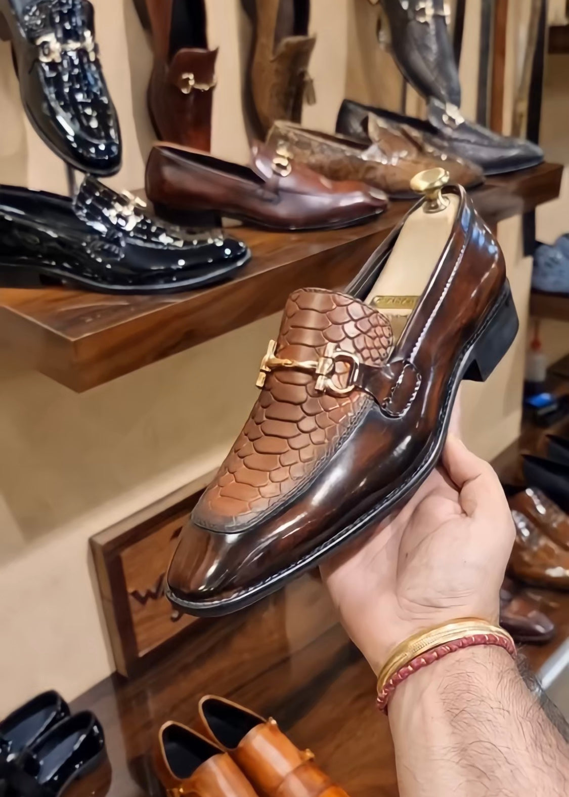 Dark Brown Wooden Finish Cobra Scaled Moccasins