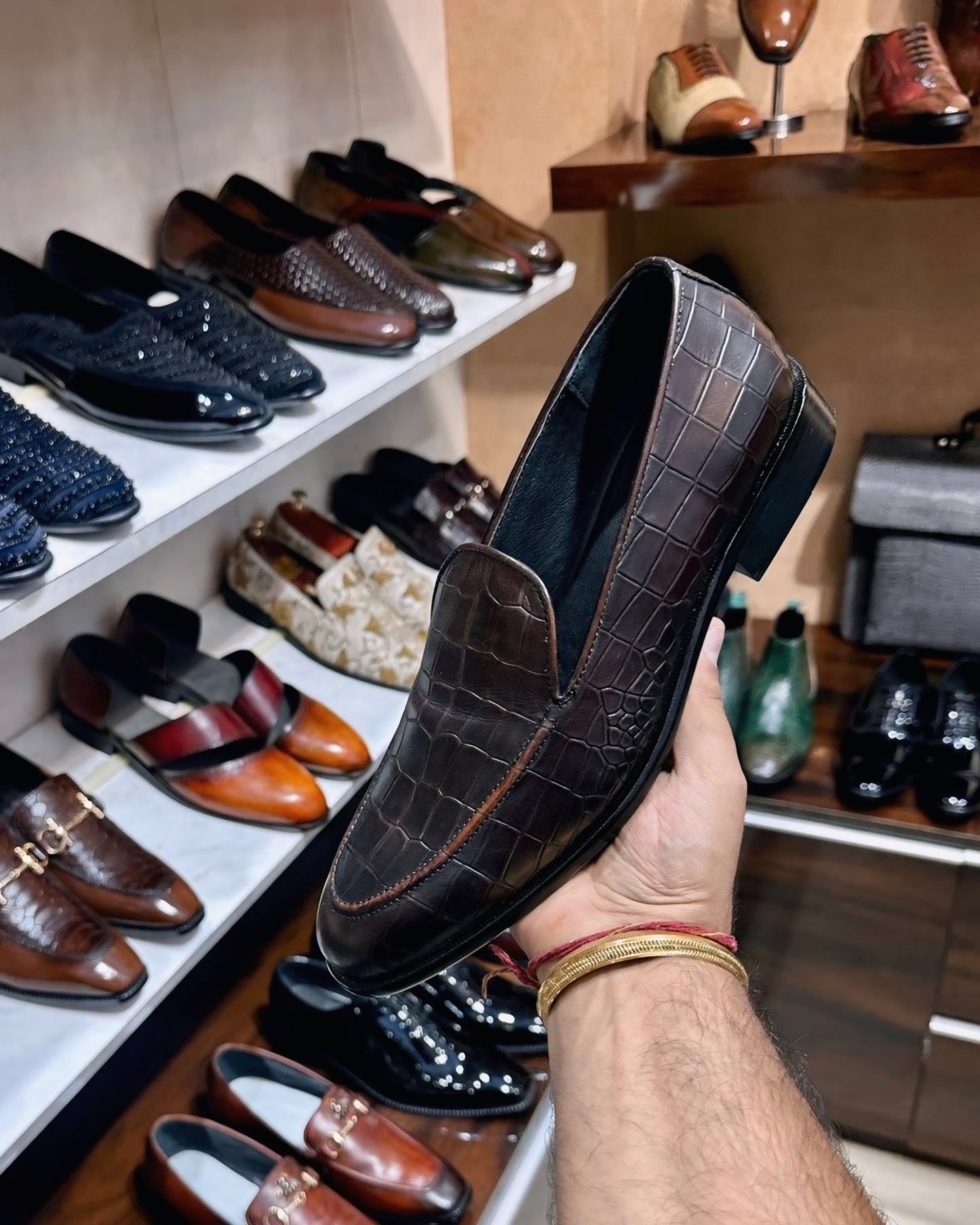 Dark Brown Crocodile Scaled Slip-ons
