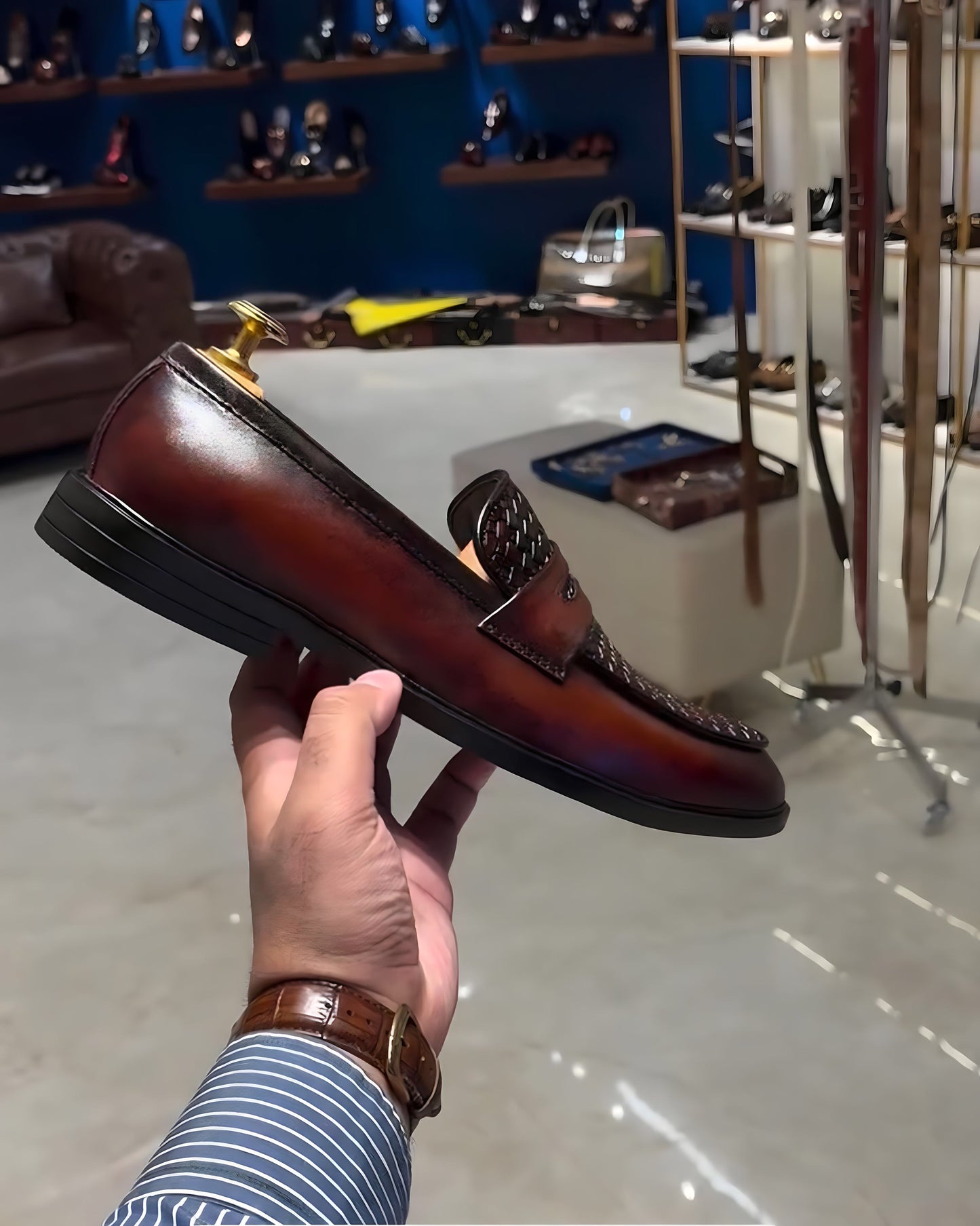 Brown Smokey Finish Braided Penny Moccasins