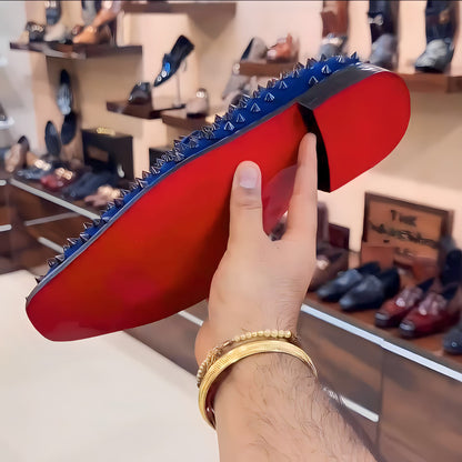 Blue Studded Moccasins with Orange Interior and Red Bottoms