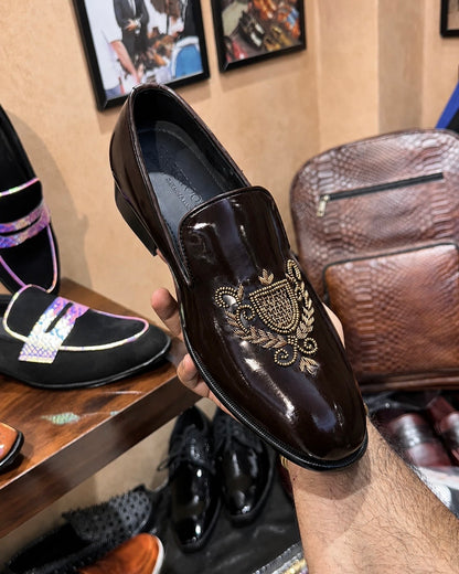 Dark Brown Gold Hand-embroidered Loafers