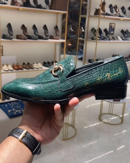 Green Crocodile Scaled Moccasins with Rubber Sole
