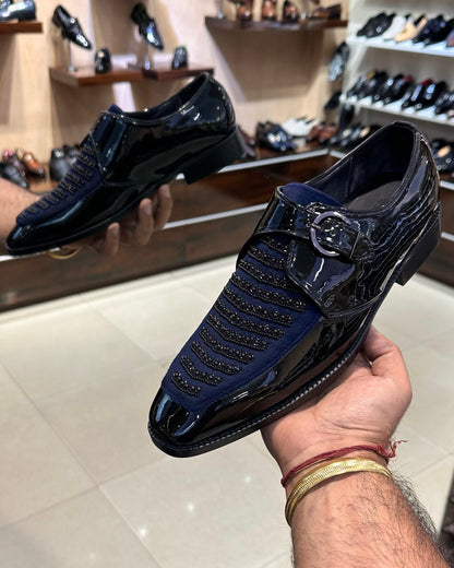 Gloss Black Embroidered Single Monk Strap Shoes