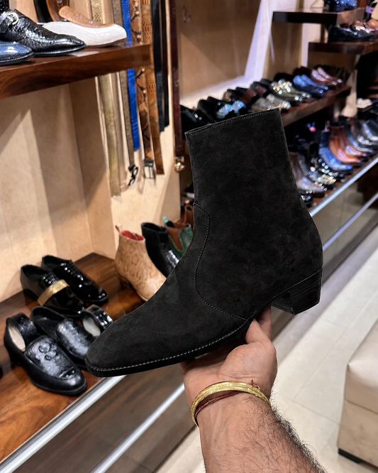 High-top Black Suede Boots With Cuban Heel
