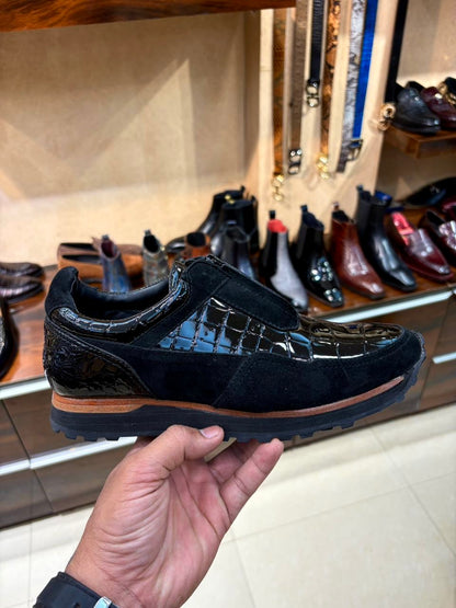 Black Suede & Black Patent Croco Zipper Sneakers