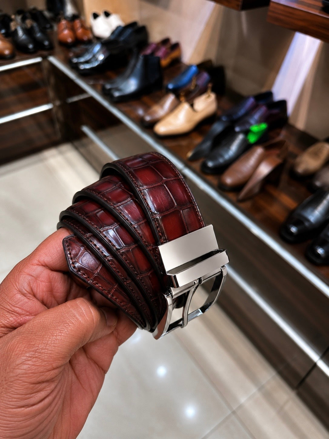 Hand-dyed Burnished Burgundy Croco Belt