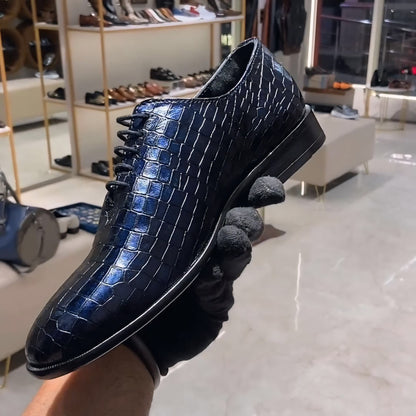 Midnight Blue Crocodile Scaled Leather Oxfords