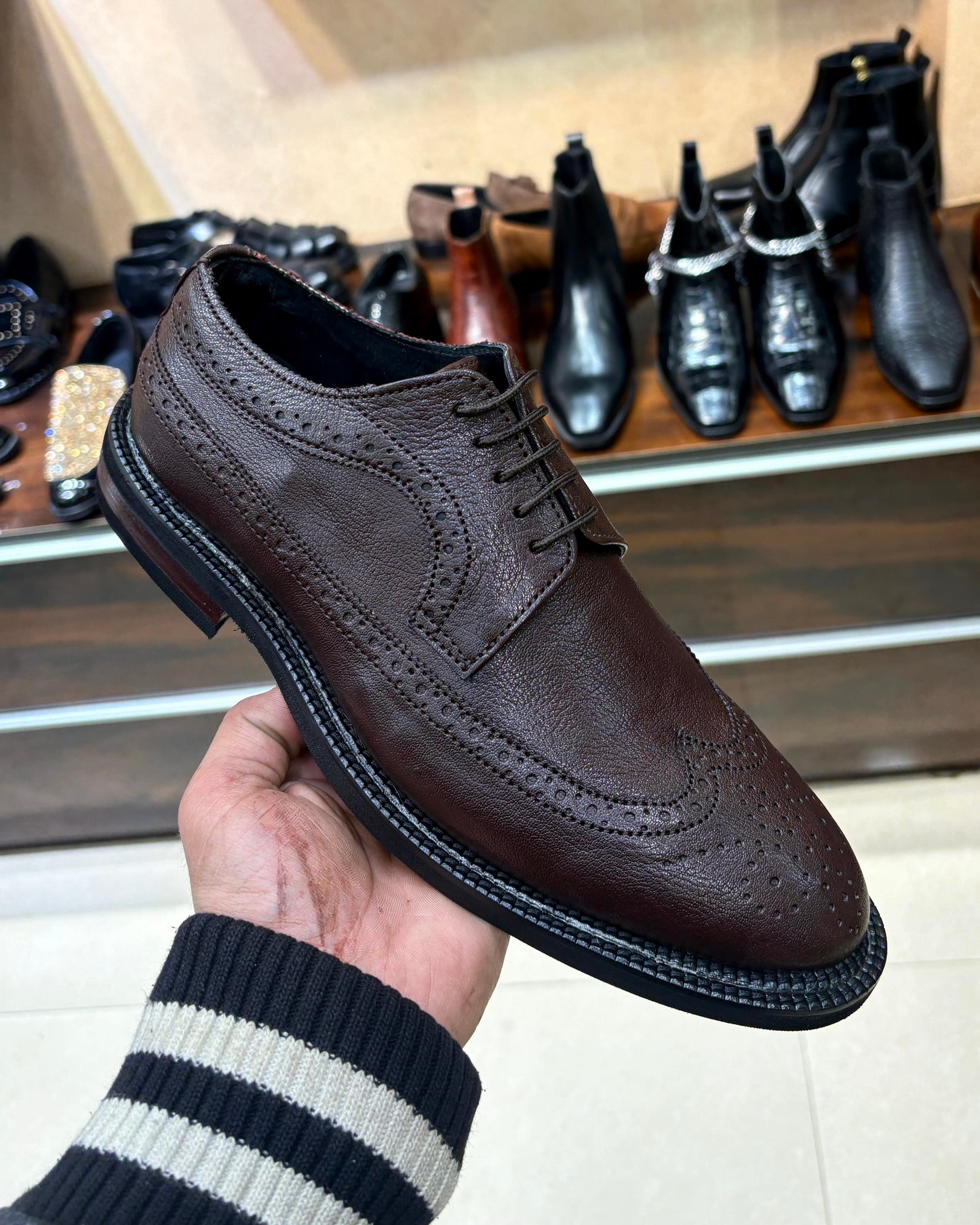 Brown Longwing Derby Shoes with Brown Wood-Finish Heel and Dainite Sole