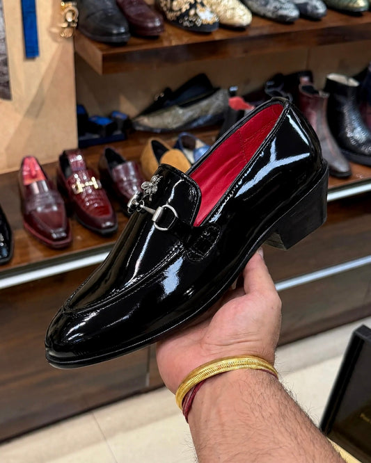Black Patent Leather Horsebit Loafers With Cuban Heel And Red Interior