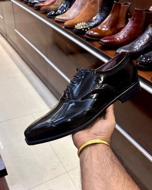 Black Smooth Calf Leather Oxfords with Perforations