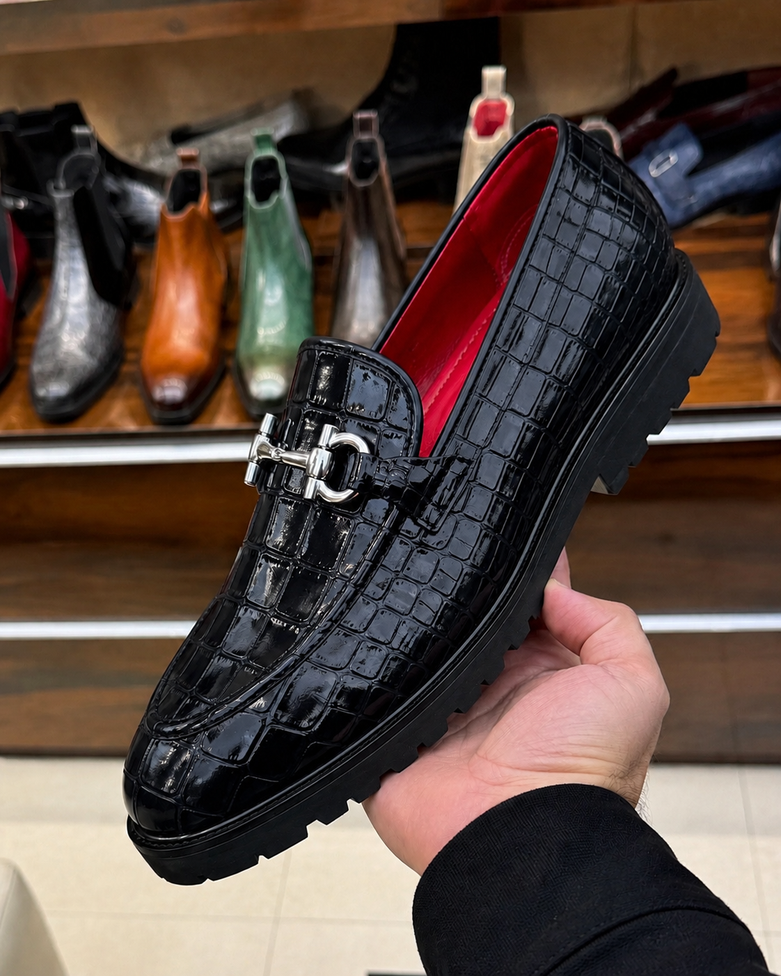 Black Patent Crocodile Lug Sole Loafers