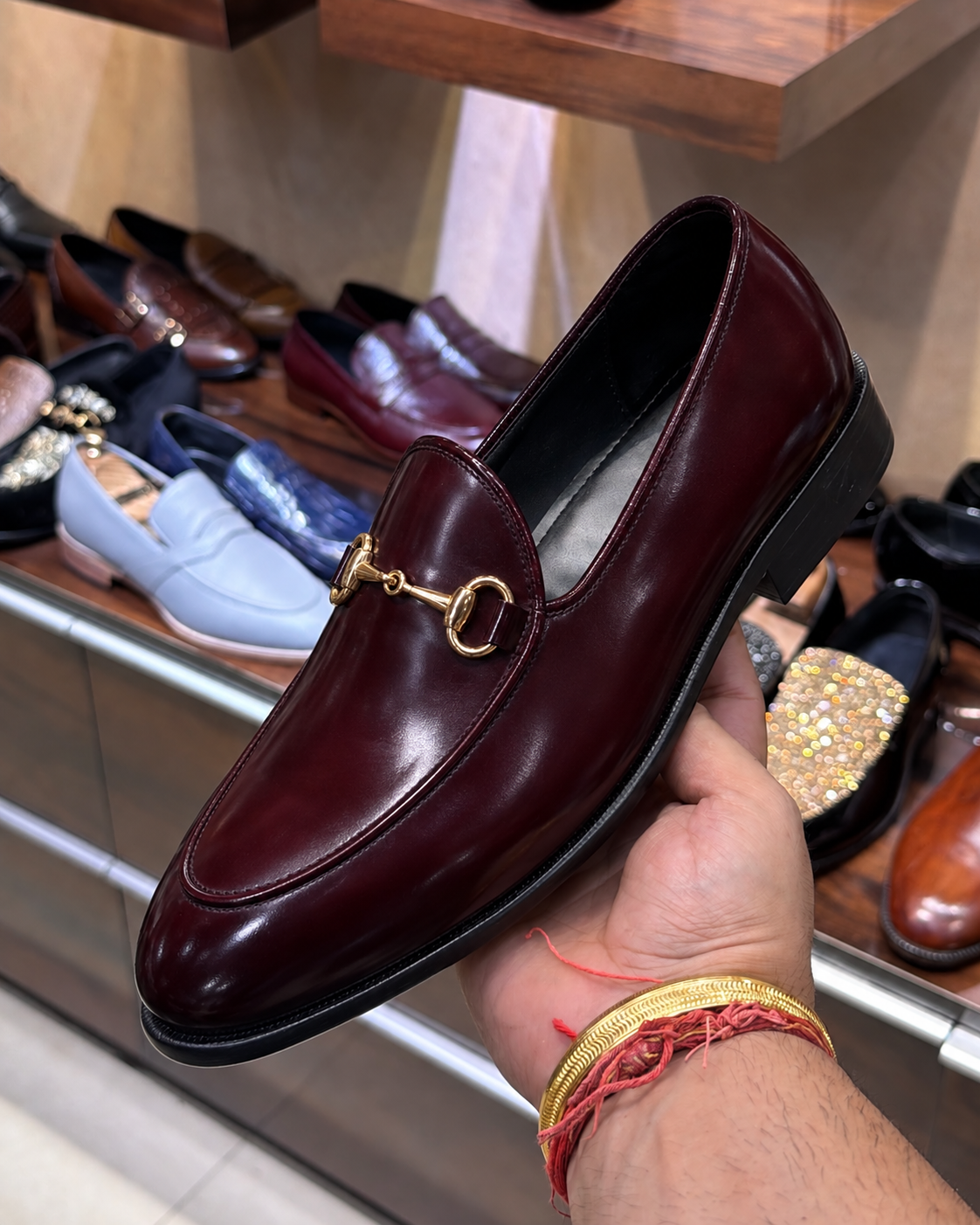 Deep Burgundy Gold Horsebit Belgian Loafers